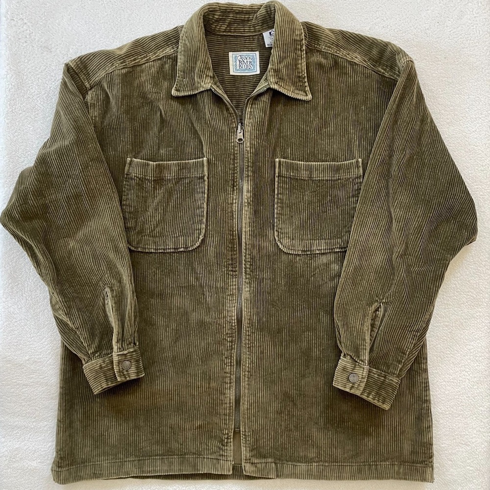 90's Vintage‎ Thick Corduroy Zip Chore Coat Mens Medium Olive Canyon River Blues